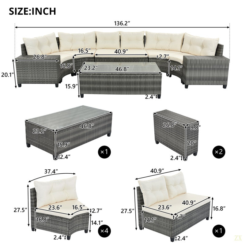 8-Pieces Outdoor Wicker Round Sofa Set, Half-Moon Sectional Sets All Weather, Curved Sofa Set With Rectangular Coffee Table, PE Rattan Water-Resistant And UV Protected, Movable Cushion