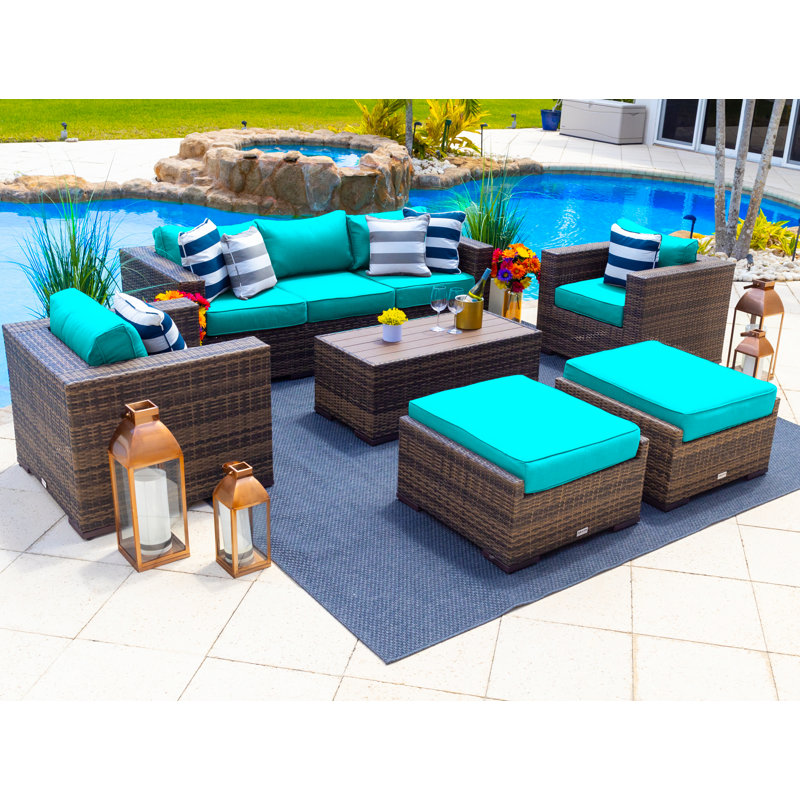 Sorrento Collection In Brown 7 - Person Patio Conversation Set with Cushions, Canvas Aruba Sunbrella® Canvas