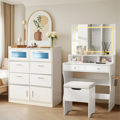 2 Pieces Bedroom Set Makeup Vanity Table And Dresser Set With LED Light Charging Station Vanity With Stool Desk by Wrought Studio