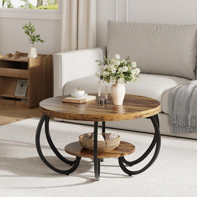 Table basse ronde 30 pouces avec tablette de rangement, table de bout en bois rustique à 2 niveaux avec pieds en métal incurvés, mobilier de salon compact pour petits espaces