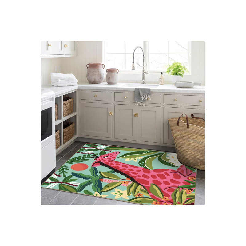 Tapis décoratif moderne à motif de forêt girafe rose, Tapis de couloir 4 pi 11 po x 9 pi 10 po inclus