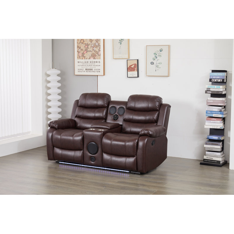 Faux Leather Manual Reclining Loveseat with LED Lights and console, Brown