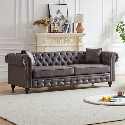 Tech Fabric Chesterfield Sofa With Rolled Arms 3 Seater Sofa With Button Design And 2 Cushions -  Canora Grey, EC77E9B930DD46028CE92F8F424B6E23