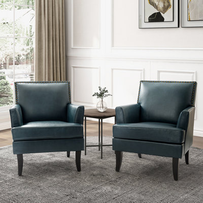 Ensemble de 2 fauteuils en similicuir Celadon avec garniture cloutée et pieds dWoo de 27 po