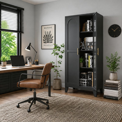 Tall White Arched Door Storage Cabinet with Gold Handles, 2-Door Accent Cabinet for Living Room & Bedroom