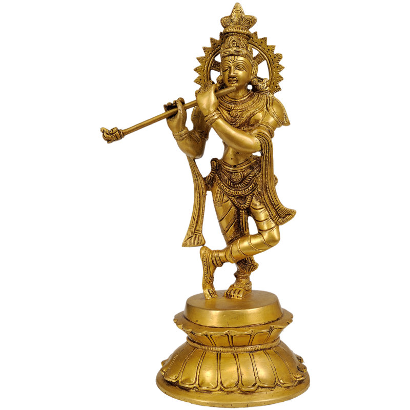Statue de Bhaguan Krishna en laiton faite à la main de 11 po - pose de flûte classique, idole de divinité indienne détaillée, décor spirituel de qualité supérieure pour autel, salon et cadeau