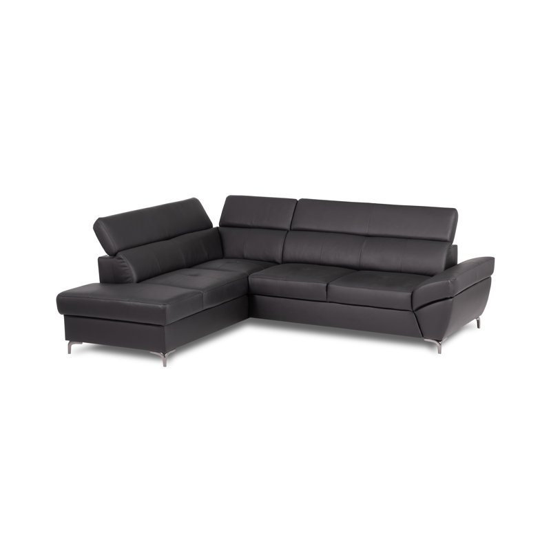 CAPRI Genuine Leather Corner Sofa with Pull-Out Bed and Storage and Adjustable Headrests, Black, Left Hand Facing