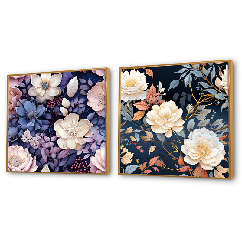 Fresquez - Ensemble de 2 collages floraux carrés, H 16 po x l 33 po, Cadre flottant doré