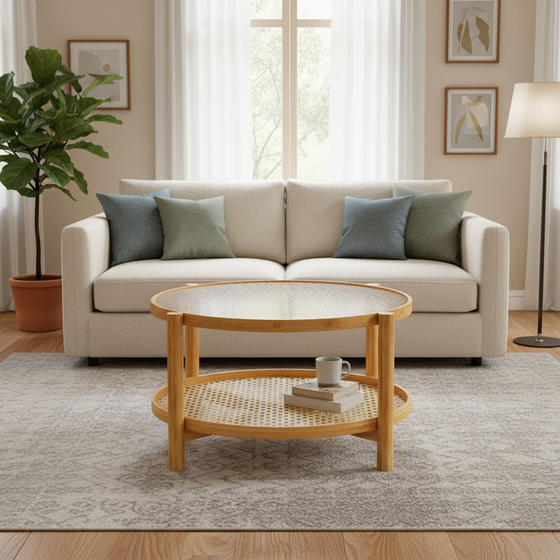Modern Round Double-layer Coffee Table (natural Color), Rattan Body + Bamboo Frame, Glass Tabletop + Pvc Rattan Storage Shelf, Suitable For Living Room & Office Scenarios