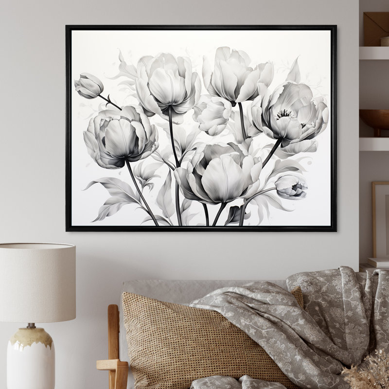 Minimalisme, tulipes noires et blanches, symphonie I sur toile, Cadre flottant noir, 30" H x 40" W