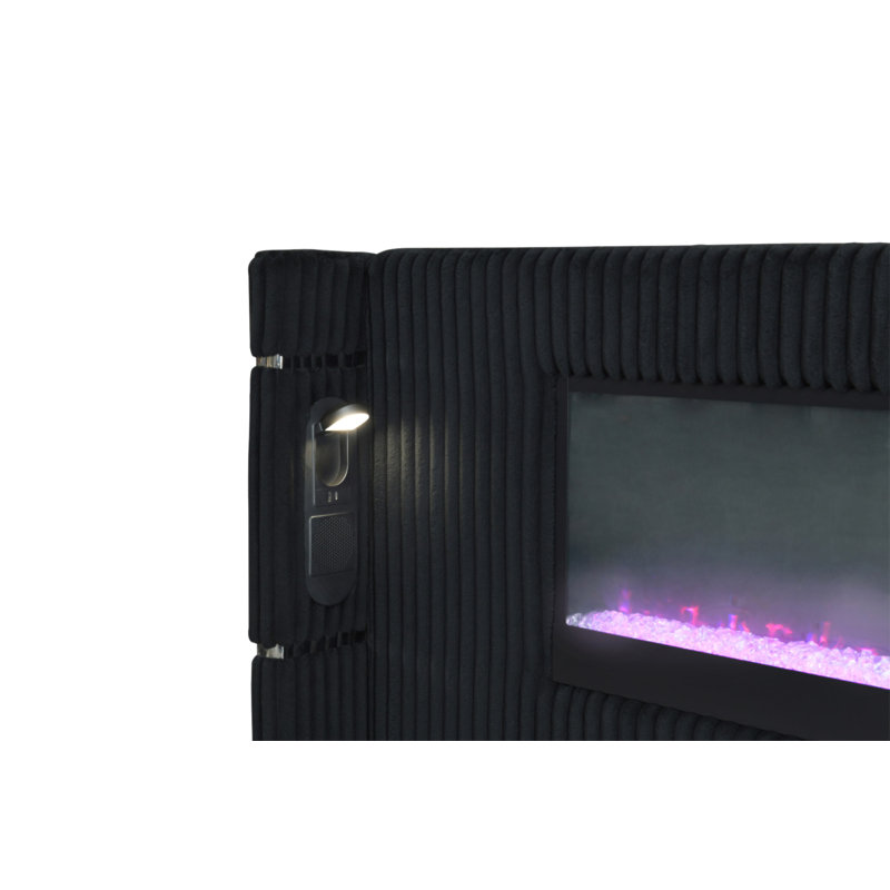 Lit en velours côtelé noir et gris Garner avec foyer, DEL, lampe de lecture, haut-parleur, Bluetooth et USB