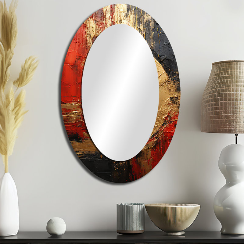 Red Gold Fusion Spiral II - Miroir décoratif abstrait ovale sur métal, 36 po x 24 po