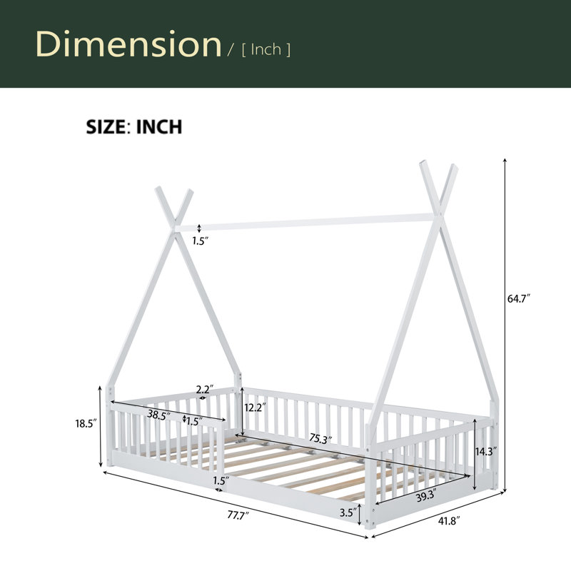 Twin Size Wood House Bed With Fence, White