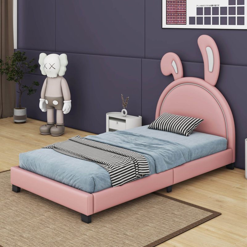 Upholstered PU Leather Platform Bed, Twin, Pink