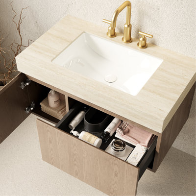Meuble-lavabo de 36 po avec armoire flottante, rangement en contreplaqué, plateau en pierre frittée, lavabo en céramique, 3 trous de robinet pré-percés, brun, assemblé, système de fermeture en douceur, installation facile
