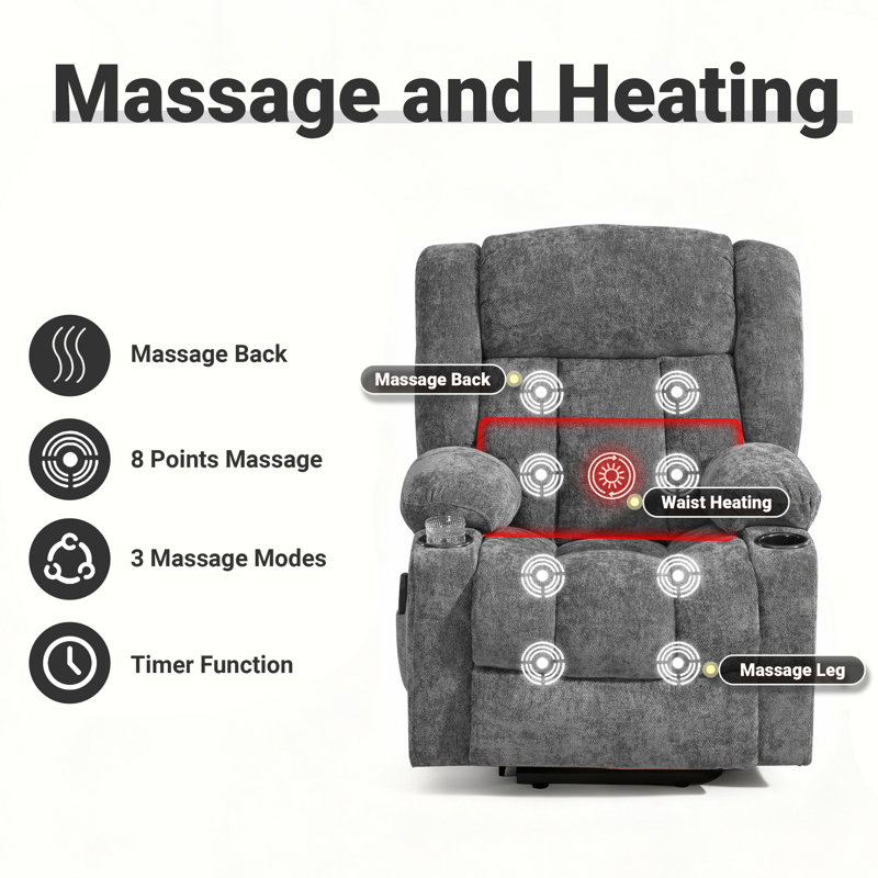 Power Lift Zero Gravity Recliner With Massage Heat Cup Holders  Side Pocket and USB Port, Gray, Chenille