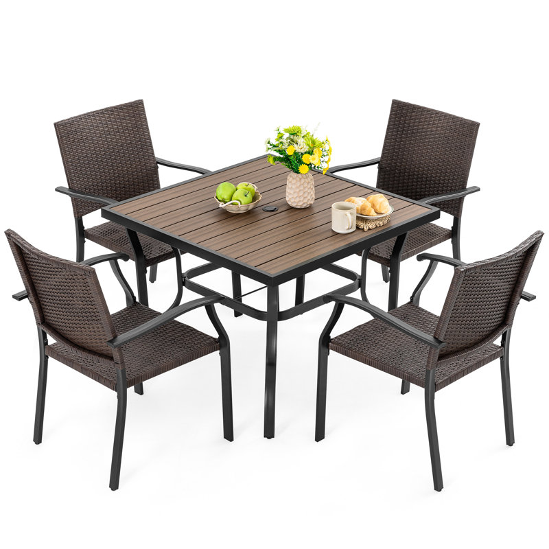 5pcs Patio Wicker Dining Set With Faux Wood Tabletop And Umbrella Hole