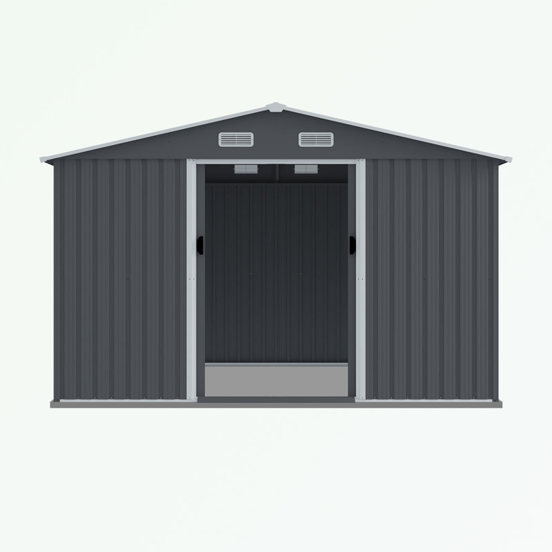 Outdoor Metal Storage Shed with Sliding Doors and Air Vent, 76.7" H x 118.1" W x 95.6" D