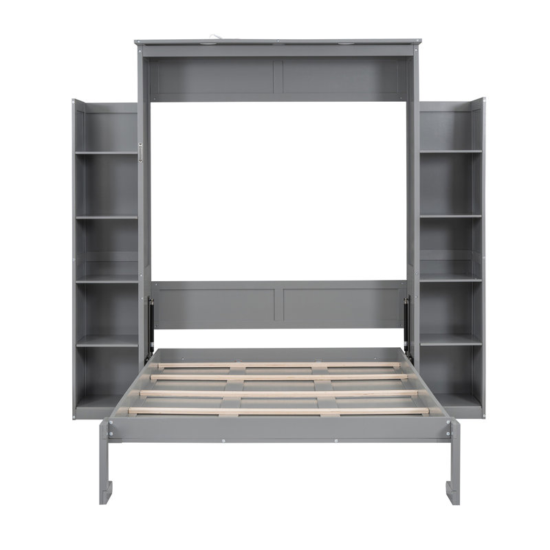Lit escamotable double pleine grandeur avec tablettes et lumières DEL, gris