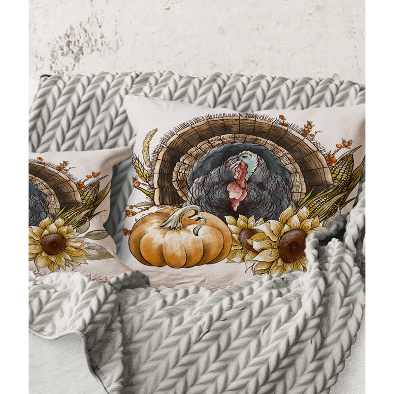 Carré, tournesols de dinde rétro et citrouille - coussin décoratif imprimé campagnard, 18" x 18"