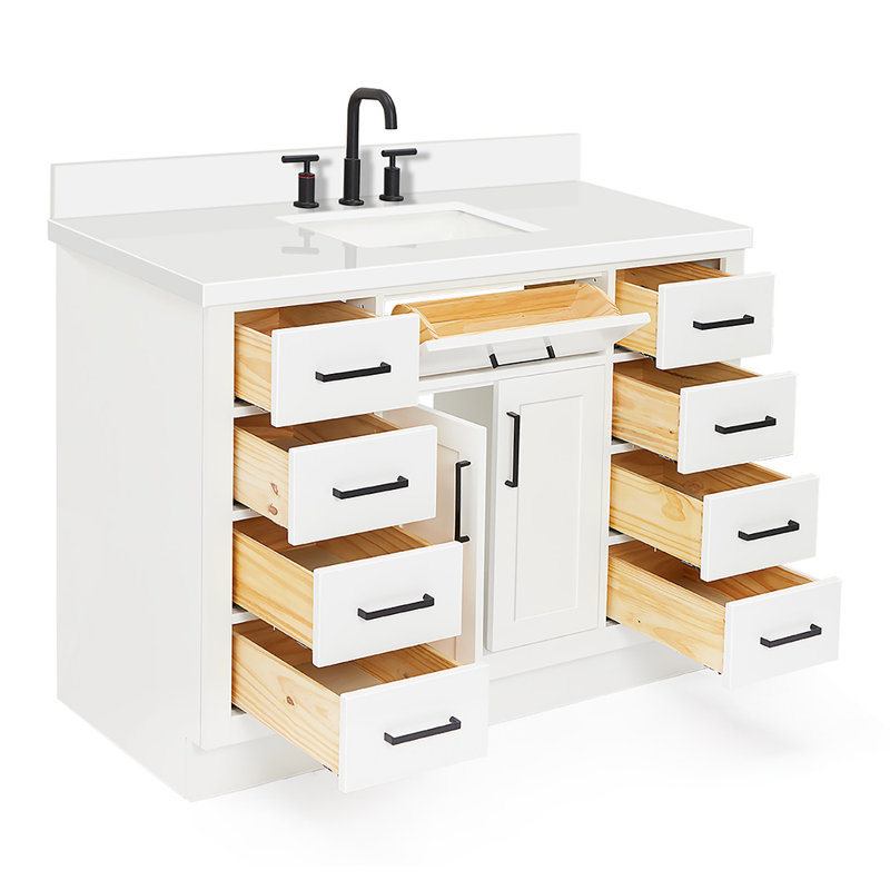 Ensemble de meuble-lavabo simple en bois massif 48 po avec lavabo en quartz blanc 1,5 po Tidworth, Blanc, Forme rectangulaire