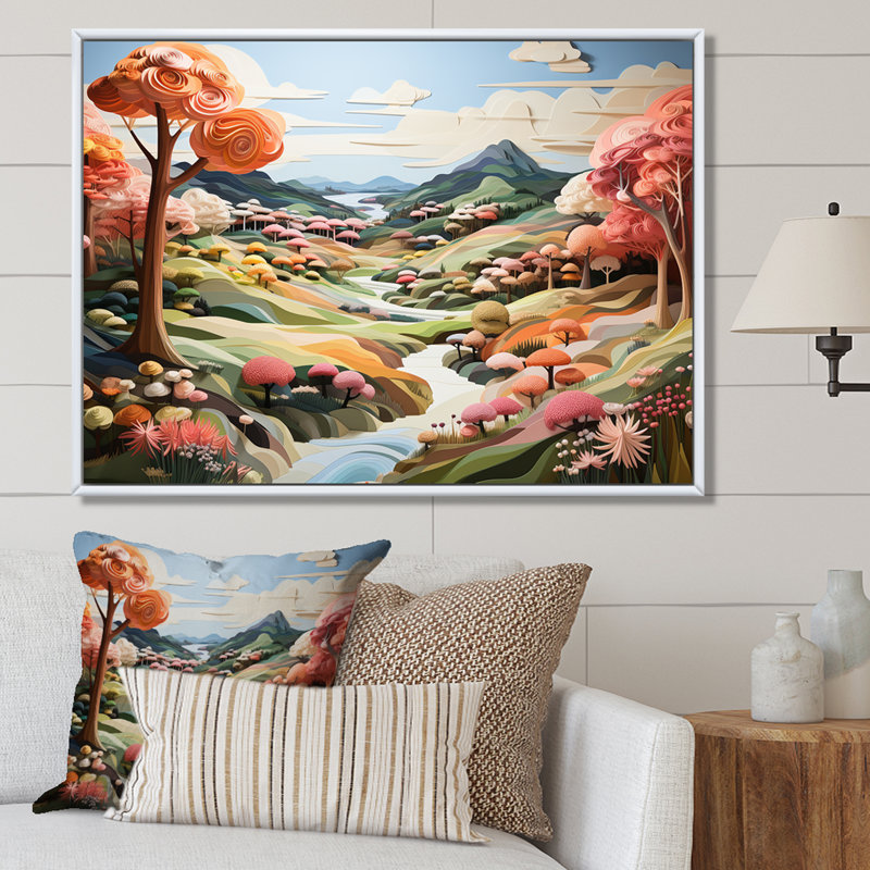 Paysage de rivière cubique I, Cadre simple argenté, H 16 po x l 32 po x P 1 po