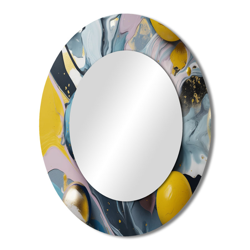 Jaune et bleu fluide pierre I - miroir mural ovale moderne jaune, 43 po x 33 po