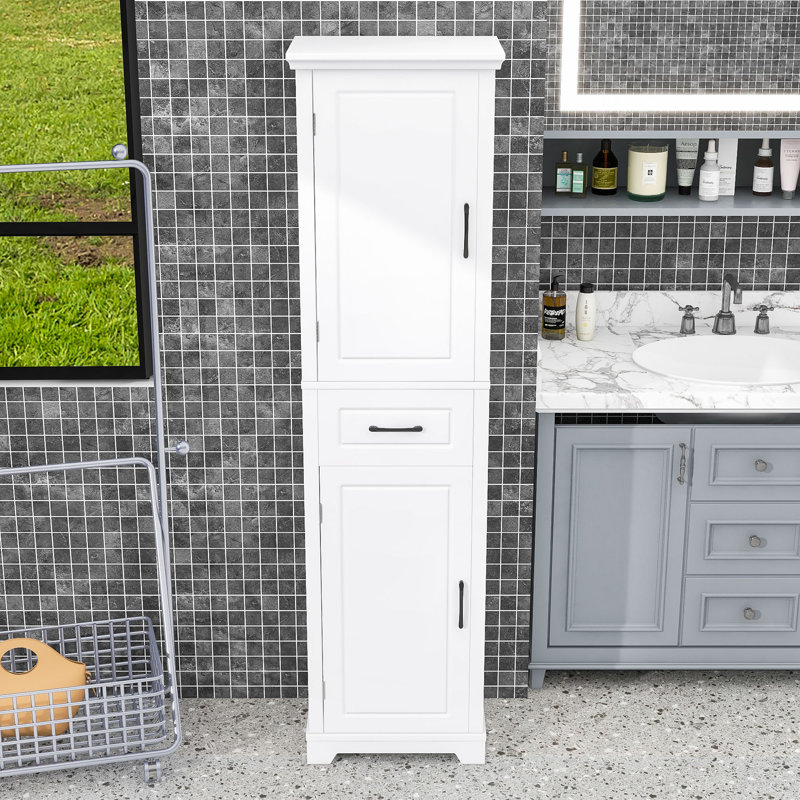 Minimalist Bathroom Storage Cabinet with Drawer, Adjustable Shelves and Anti-Toppling Design, White