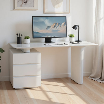 Derrus 63" Modern White Sintered Stone Desk with 3 Drawers and Column Legs