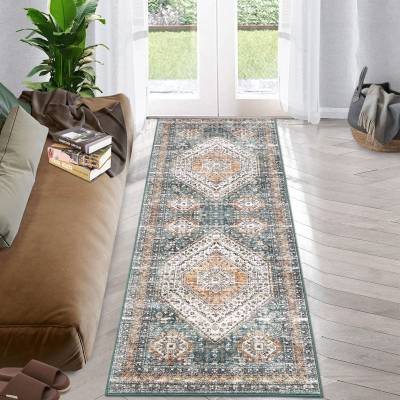 Abstract Area Rug, Green, Runner 60 x 230 cm