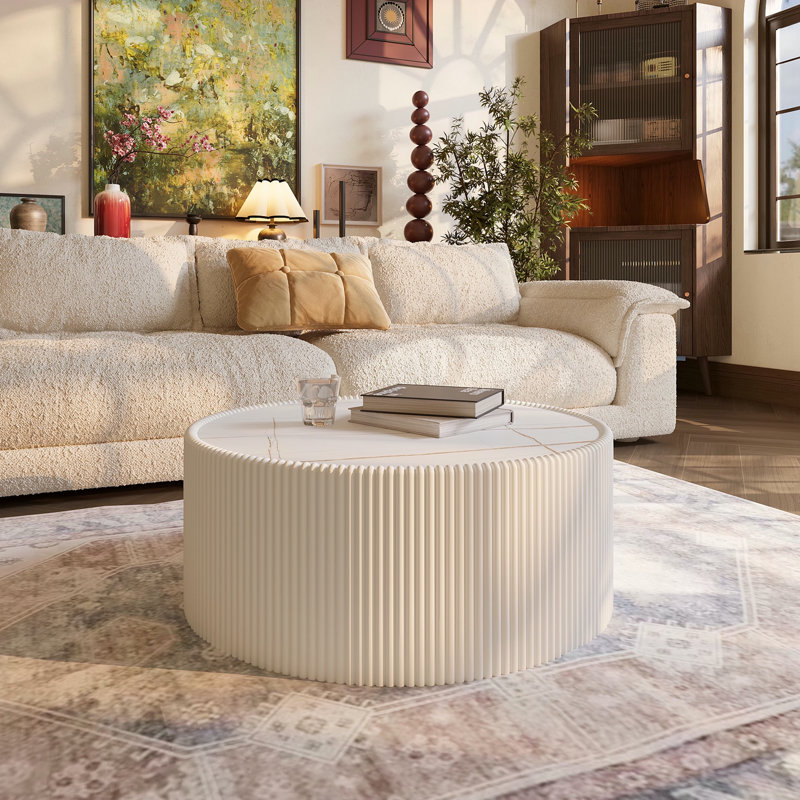 Table basse moderne en cuir fritté avec dessus en pierre, Blanc lait