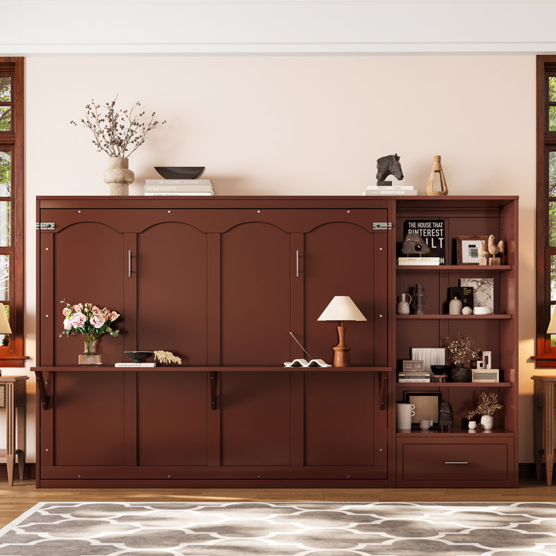 Grand lit escamotable avec bibliothèque pour petit espace, chambre à coucher, chambre d'amis, Noyer