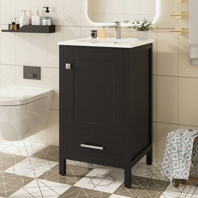 Meuble-lavabo de salle de bain avec lavabo en céramique, 1 tiroir et tablette de porte