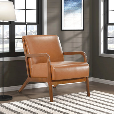 Chaise d'appoint à coussins attachés en similicuir brun et revêtement en noyer avec espace de vie