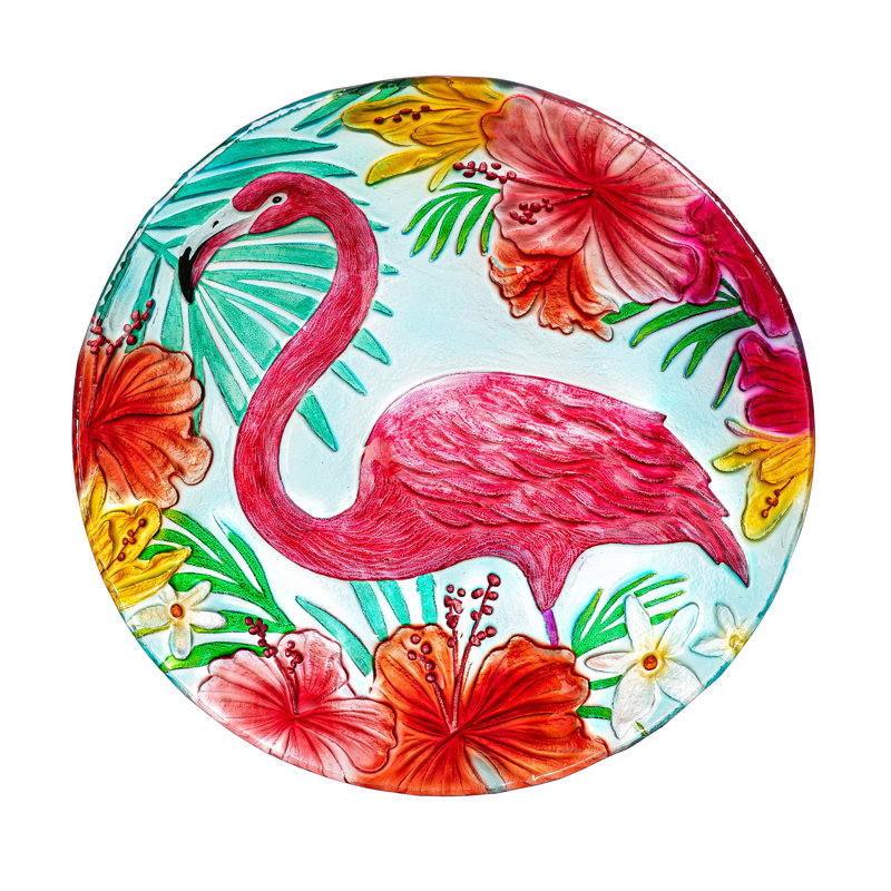 18" Glass Bird Bath, Floral Flamingo