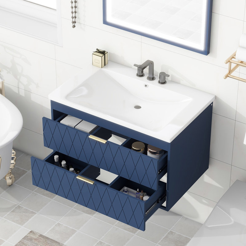 Wall Mounted Bathroom Vanity With Resin Sink, Navy Blue