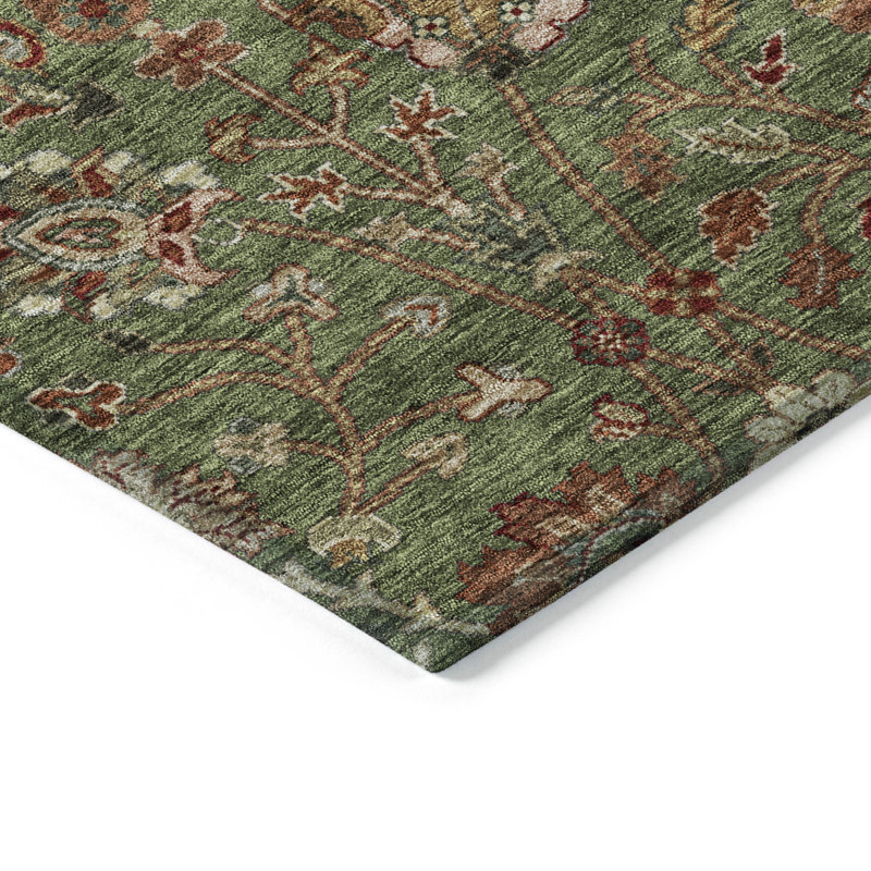 Green and Red Floral Synthetic Washable 5' x 7' Area Rug