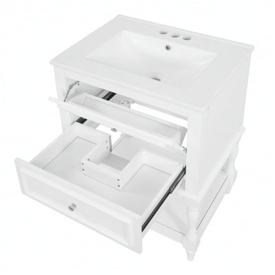 Retro Design 24'' Bathroom Vanity with Ceramic Sink and Open Shelf, Elegant Storage Cabinet with 2 Drawers