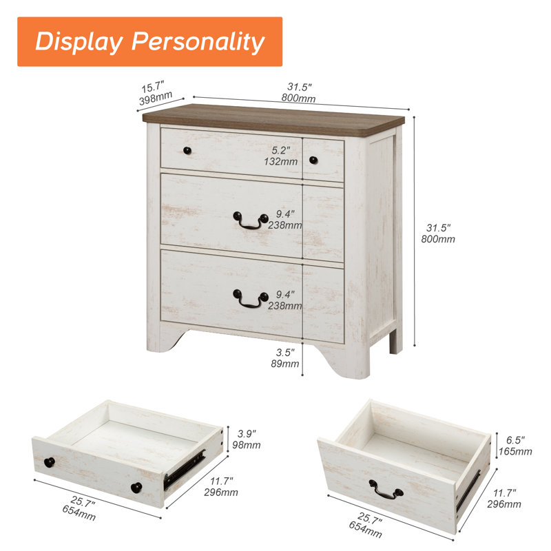 Haikey 31.5" Teen Dresser For Kids Room, 3 Drawer Dresser For Bedroom, White/Brown