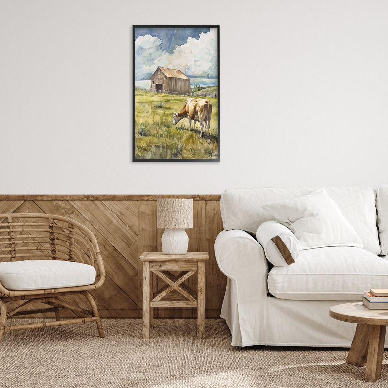 Vache dans un vaste champ, estampe numérique par Franklyn Gregory, H 30 po x l 20 po, Giclée encadrée noir minuit