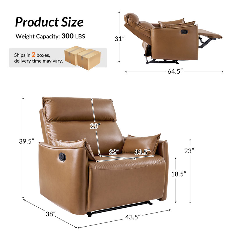 Alanson Faux Leather Oversized Manual Recliner, Camel