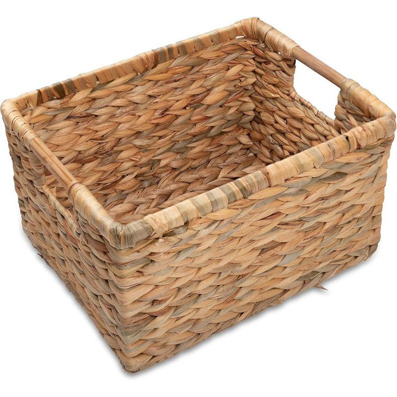 Grand panier de rangement rectangulaire en osier avec poignées en bois - Organisateur de jacinthe d'eau naturelle pour tablettes