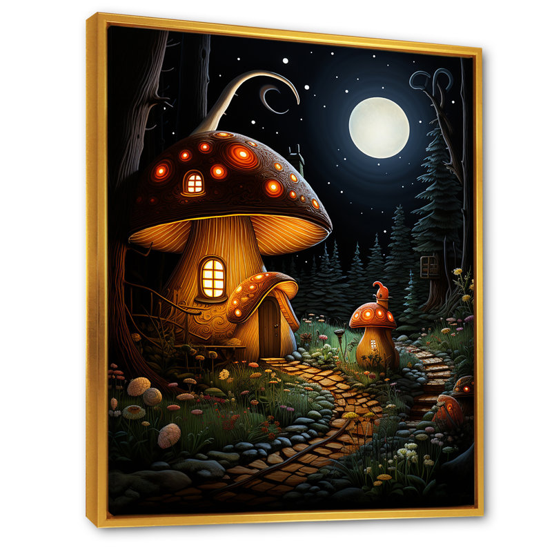Mushroom Fantasy Landscape - Art mural paysage, Cadre flottant doré, H 32 po x l 16 po