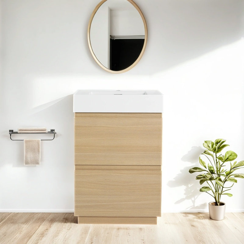 24"Bathroom Vanity Resin Sink with Double drawer, Oak 