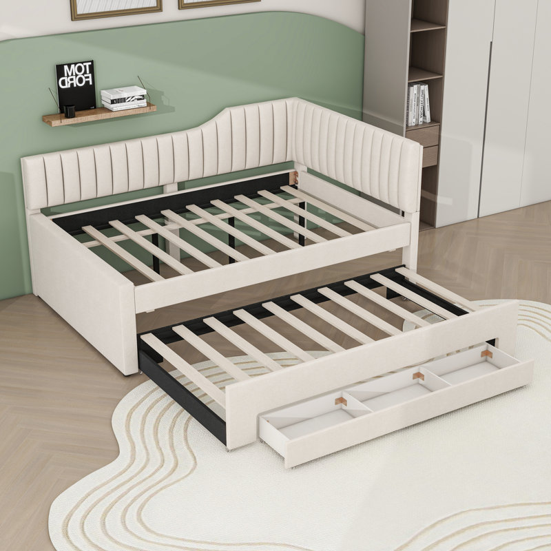 Multifunctional Linen Upholstered Daybed with Twin Trundle and Drawers, Beige, Full/Double