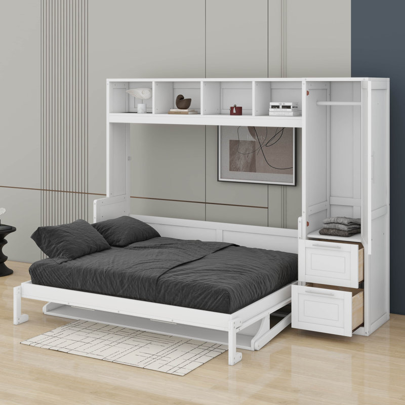 Lit escamotable double avec tiroirs et garde-robe, Blanc