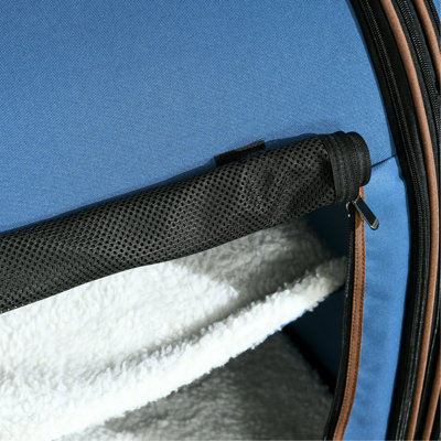 39" Soft Pet Carrier In Blue Color. Consisting Of Cloth & Net. Foldable And Convenient. Comfortable Padding Inside. Two Compartments Zippered Openings. Mesh Windows For Air Circulation. Detachable