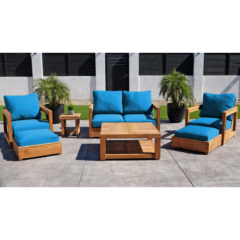 Ensemble de conversation d'extérieur 7 pièces en teck avec coussins Sunbrella Crelake, Bleu pacifique