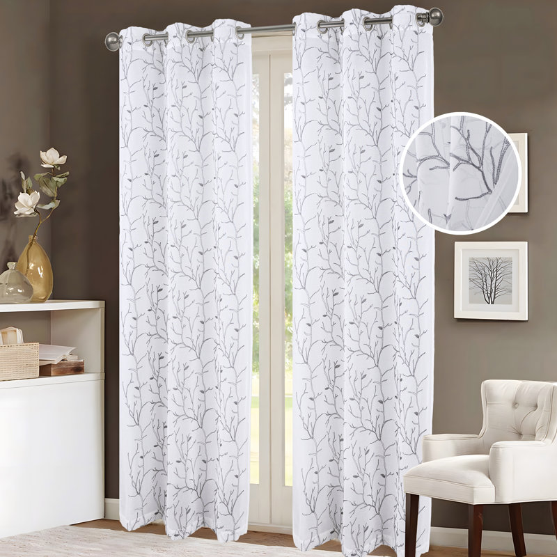 Crimins Embroidered Branches Sheer Window Curtain Set 84" Or 96", 36" W x 96" L, Silver