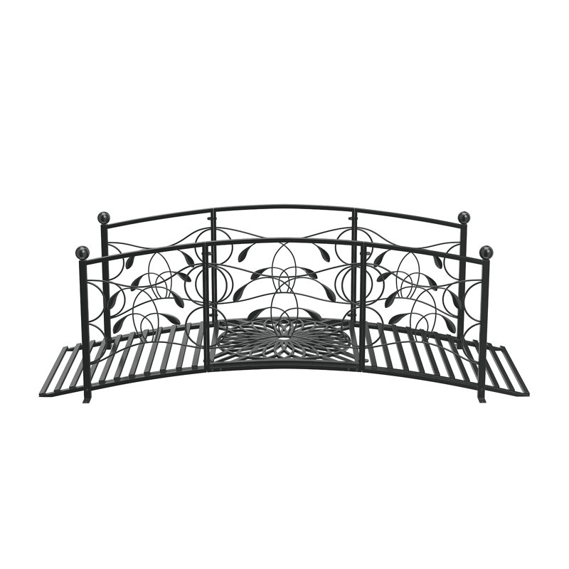 Pont de jardin en métal Kinfant 6 pi - avec rampes à motif de vignes et motifs sculptés circulaires exquis, pont en arche décoratif pour ruisseau Backyard, ruisseau, étang, assemblage facile, noir